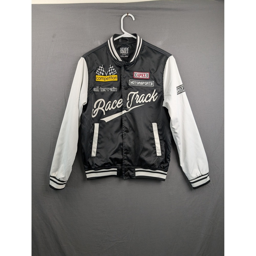 Seven Souls Boys Race Track Motorsports Varsity Bomber Jacket Black White 14/16